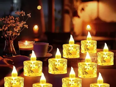 Party Propz Crystal Led Tea Light Candle - 6 Pcs, 2.3in X 1.3in, Warm Yellow Glow, Battery Operated with On/Off Switch, Decorative Candle Lights for Decoration, Lighting for Ganpat