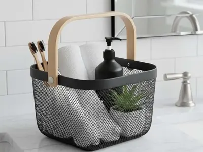 Go Hooked Premium Metal Mesh Storage Basket with Wooden Handle 37cm| Multipurpose Organizer Basket for Home, Office, Bathroom & Living Room | Portable Wire Basket for Books, Snacks