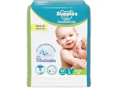 Amazon Brand - Supples Premium Baby Diaper Pants | 62 Baby Diapers | Large | 9-14 Kg | 12 Hrs A