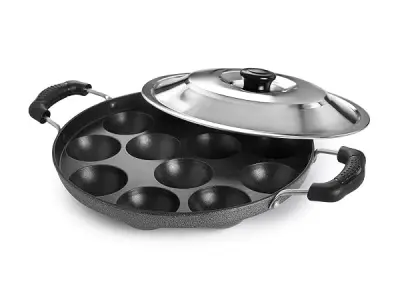 CELLO Aluminium Nonstick 12 Cavity Appam Patra Pan Maker with Steel Lid, Black | 2 Side Riveted Handle, Gas Stove Compatible Die-Cast Mini Uttappa Paniyarakkal Cup Cake Frying Pan