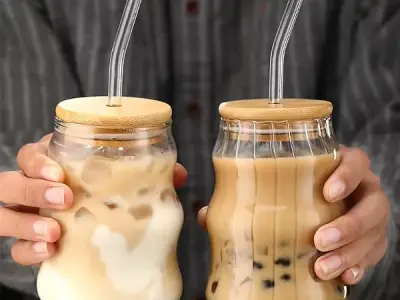 KiKiluxxa Round Green Tea Coffee Glass Cup Mug Can Sipper with Lid and Straw-510ml-1pcs Only- Fruit Juice Milk Glass Tumbler with Multi Clour Straw (Vilost Can 1)