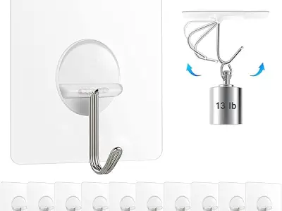Chillyfit Wall Hooks for Hanging Strong, 10 Pack Adhesive Hooks for Wall Heavy Duty, Wall hangings, Kitchen Accessories Items, Clothes Hanging, Stainless Steel, Transparent