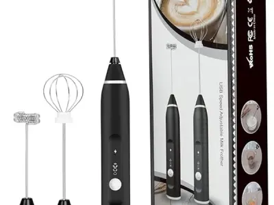 plenzo Electric Milk Frother with 2 Attachments (Double-Layer Frother & Egg Whisk), 3-Speed Adjustable, Rechargeable Handheld Coffee Mixer for Latte, Cappuccino, Drinks & Eggs Stai