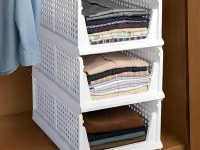 HomeStrap Set of 3, Stack it Up | Large Cloth Stacker | Foldable Shirt Storage Stacker for Wardrobe | Plastic Stackable Closet Organizer | White | 44L x 33W x 19H Centimeters