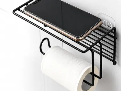 Zollyss 1 Pc Adhesive Toilet Paper Holder with Shelf Tissue Paper Roll Towel Holder Storage Rack - (Standard Size, Black)