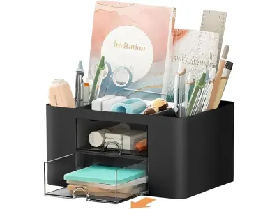 UCRAVO Plastic Versatile Desk Organiser with 5 Compartments, 2 Drawers and Multifunctional Stor