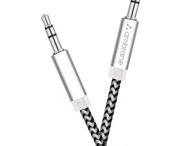 A Ambrane 3.5mm Male to male Stereo AUX Cable Audio Cable, Compatible for Smartphones Tablets, Headphone, Car, Home Stereos, Speakers 1.5 Meter (5 Feet) - (ABCAX-10, Black & Grey)