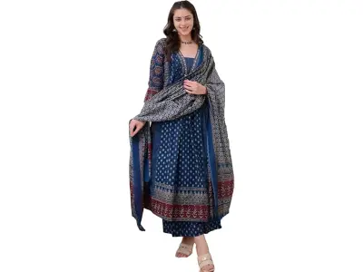 KLOSIA Women's Rayon Printed Anarkali Kurta and Pant with Dupatta Set