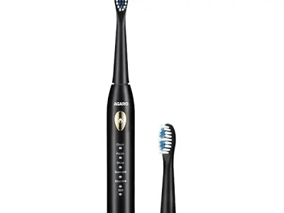 AGARO COSMIC LITE Sonic Electric Tooth Brush For Adults With 5 Modes, 2 Brush Heads & Rechargeable With 4 Hours Charge Lasting Up To 25 Days, Power Toothbrush, (Black)