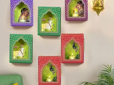 CraftVatika Jharokha Diyas with LED Candle Diwali Decoration Items, Wall Hanging, Home Decor Items Festive Decor Item, DIY Craft Traditional Jharokha Box Set of 6