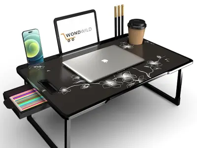 OPTIFINE Study Table/Bed Table/Foldable and Portable Wooden/Writing Desk for Office/Home/School (Black-COTTED-BLACKFLOWER)