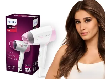 Philips India's No.1 Hair Styling Brand - Foldable Hair Dryer | 1200W | Fast Blow Dry | 2 Heat Settings | ThermoProtect Tech |Travel-Friendly, Quick Dry | Frizz Control For Indian
