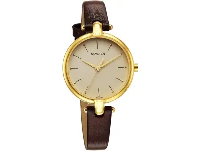 Sonata Gold Edit Quartz Analog Champagne Dial Brown Leather Strap Watch for Women - NR87043YL02