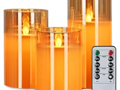LTETTES Real Wax LED Glass Pillar Flameless Candles | Faux Dancing Wick | Amber Gold Glass | Battery Powered with Multifunctional Remote Controller for Home Decor | Set of 3 (H-4",
