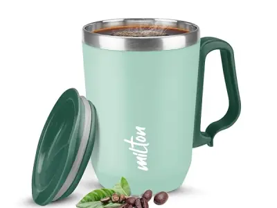MILTON Cool Touch Coastal Coffee Mug 350 Double Walled 300 ml Inner Stainless Steel Tea Mug and Lid, Coffee Mug Travel Tea Cup, Black Coffee, Single, Aqua Green