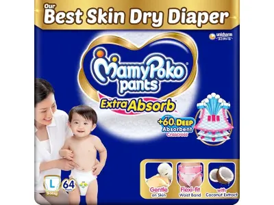 MamyPoko Pants Extra Absorb Baby Diapers, Large (L size) | 9-14 kg | 64 Count |Deep Sleep Diape