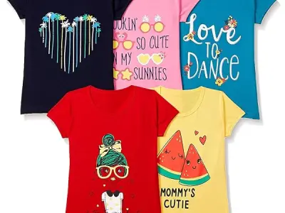 T2F Girls Cotton Printed Regular Fit T-Shirt (Pack of 5)