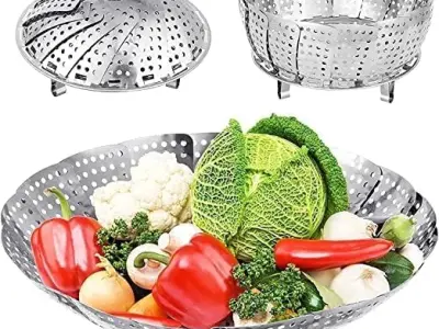 Walfos Stainless Steel Steamer Basket for Cooking, 10 Inch Foldable Vegetable Steamer Basket, Expandable Steam Cooker Insert for Momos, Dumplings, Vegetables & Fruits, Dishwasher S