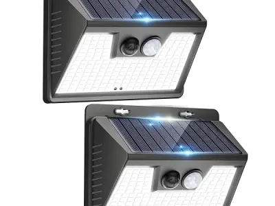 Peasur 2 Pack Solar Lights Outdoor Motion Sensor, 140 LED Solar Powered Fence Wall Light Waterproof, 3 Modes Solar Security Lighting for Outside Yard Deck Garden Stair Step