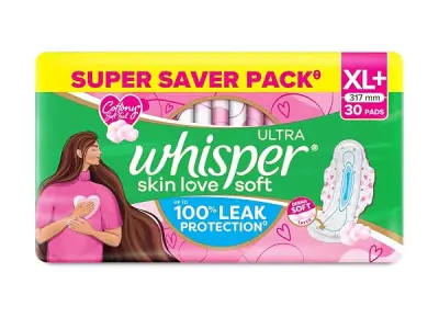 Whisper Ultra Skin Love Soft Sanitary Pads for Women, XL+ 30 Pads, Cottony Soft Feel, Upto 100% Leak* Protection, Disposable Wrapper, Locks Odour & Wetness (Product Does Not Contai