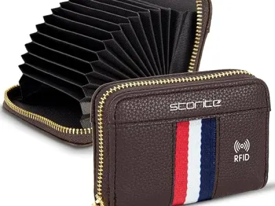 Storite PU Leather 12 Slots RFID Card Holder Wallet, Brown - Tricolor Strip | Credit Debit Card Organizer | Zipper Money & Coin Purse, For Men & Women