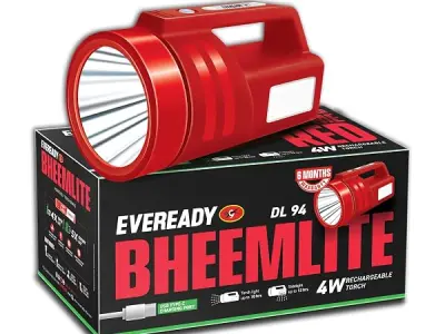Eveready Bheemlite DL94 Rechargeable LED Torch & Sidelight, USB-C, 4 Modes | 4W Torch + 4W Sidelight, Shoulder Strap Included, Li-ion Battery, Overcharge Protection