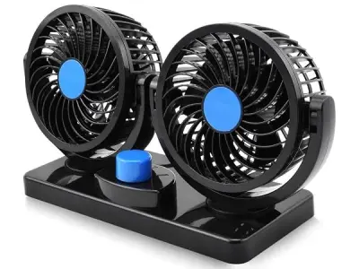 Woschmann Mitchell 12V DC Electric Car Fan for Dashboard, Double Head Cooling Electric Fan, 360 Degree Rotatable Small Fan for Car with 2 Speed Control, ABS Plastic, Dashboard Fan
