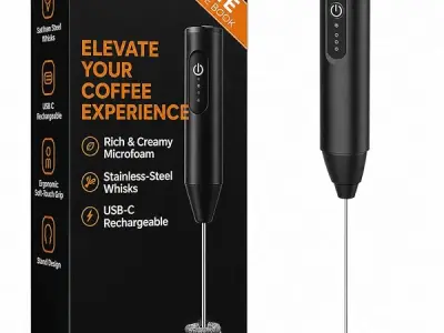 PRIMESKY® Handheld Electric Coffee Frother with 3 Speed Modes Rechargable Milk Frother with Stainless Steel Whisk Drink Mixer for Coffee Cappuccinos Matcha Gift - Black