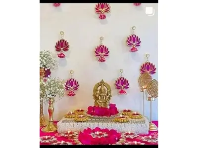Divyakosh Lotus Hanging for Decoration | Handmade Wall Decor with Jhumki Style | Set of 6 Pink/