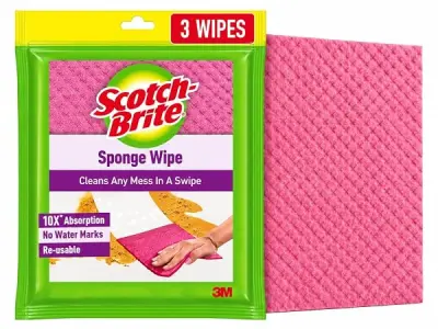 Scotch-Brite Sponge Wipes- Reusable, Kitchen and House Cleaning- Easy to use, Cleans any mess in a swipe, Absorbs water its own 10x weight, Multi- color, Biodegradable (pack of 3)