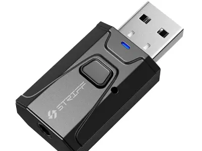 STRIFF 2 in 1 Bluetooth 5.0 Transmitter Receiver | 3.5mm Stereo Audio Adapter with Mic | Portable Design | Driverless Plug and Play | Easy Slide Switch Mode | 50m Range | Compatibl