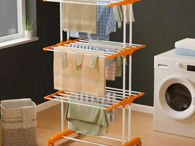 Happer Premium Clothes Stand for Drying with Wheels | Portable | 3 Layer Rack for Balcony | Foldable Wings | 24 Hanger Rods | Anti Rust Steel Metal (Orange | Prince Jumbo)