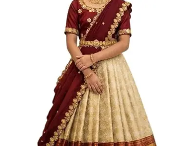 White Button New latest half Saree South Indian Langa Voni pattu pavadai lehenga choli for girls