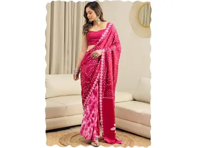 AKHILAM Women's Bandhani Printed Chiffon Ready To Wear Saree With Unstitched Blouse Piece