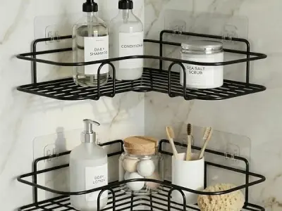 DALUCI Set of 2 Metal Bathroom Corner Shelf Rack | No Drilling Self Adhesive Wall Mounted Storage Organizer for Bathroom & Kitchen | Rustproof Bathroom Shelves (8 & 9 INCH, Black)