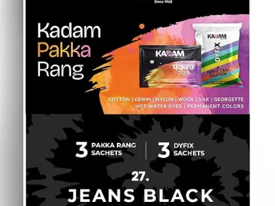 Kadam Pakka Rang | Jeans Black | 3 Kadam Pakka Rang Sachets | 3 DyFix Color Fixer Sachets | Permanent Fabric Dye Colors (Black)