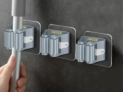 Stickzy Broom & Mop Holder Self Adhesive | No Drill Wall Mounted Non Slip Gripper Hook | Strong Adhesive Utility Rack for Kitchen, Bathroom, Garage Storage Organizer (Grey,1 Pack)