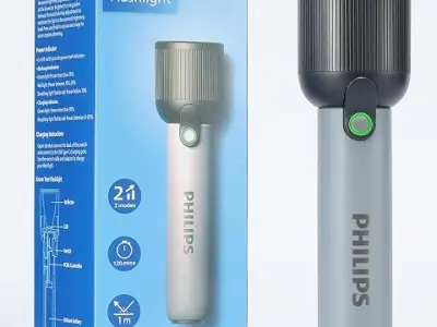 PHILIPS Handheld Torch Light, 2000mAh Torch Rechargeable, 2 Lighting Modes | Portable Flashlight with 400LM, 150M Coverage, IP44 Waterproof, LED Flash Light for Home, Camping, Hiki