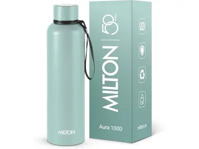 Milton Aura 1000 Thermosteel Water Bottle, 24 Hr Hot and Cold I Leak Proof Lid, ISI Certified I