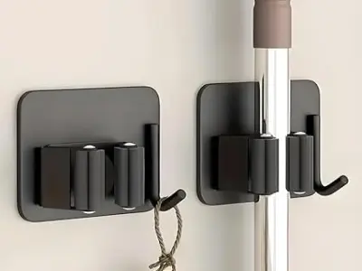 SANTALON Mop Broom Holder No Drill SUS304 Stainless Steel | Heavy Duty Wall Mounted Organizer Rack with Hooks | Storage Holder for Mop, Broom, Bathroom, Kitchen, Office, Balcony (B