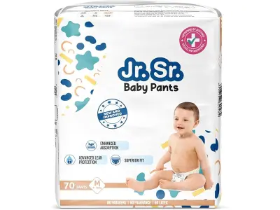 Jr. Sr. Baby Diaper Pants | Medium (M) Size (7-12 kg), 70 Count | Pack of 1 | Upto 12 hr Absorp