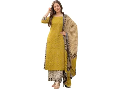 Amayra Women's Pure Cotton Straight Kurta Set with Palazzo Pants & Dupatta|Ethnic wear|Kurta Se