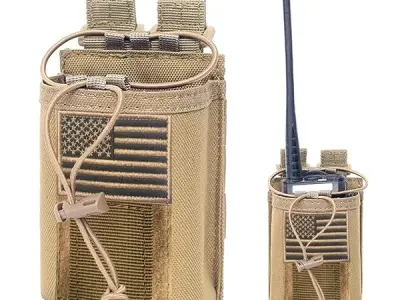 Molle Radio Pouch Case - Tactical Radio Holster Military Heavy Duty Radios Holder Bag for Two Ways Walkie Talkies Adjustable Storage with Tan Extra USA Flag Patch