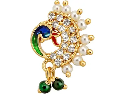 VAMA FASHIONS Gold Plated Maharastrian Marathi Nathni Pearl Nose Ring Pressing Nosepin Bridal W
