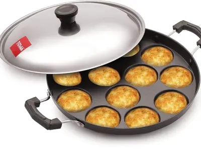 Tosaa Aluminium 12 Cavity Appam Patra Paniyarakkal Two Side Handle with Steel lid & Wooden Picker, ( 23 cm, Black)