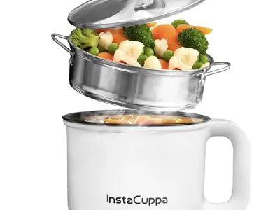 InstaCuppa 3-In-1 1.2Liter Multi Cook Kettle With Steamer, Non-Stick Inner Pot, Adjustable Temperature, Ideal For Boiling Milk, Tea, Coffee, Eggs & Steaming Veggies, 600 Watts, Whi