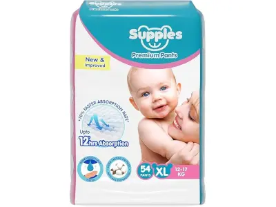 Amazon Brand - Supples Premium Baby Diaper Pants | 54 Baby Diapers | XL | 12-17 Kg | 12 Hrs Abs