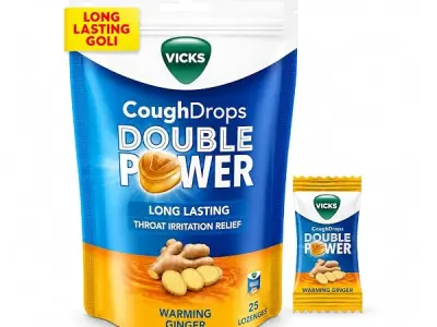 Vicks Cough Drops Double Power (Bag Of 25) Big Drops With Ayurvedic Mix For Fast Relief From Throat Irritation & Cough. Warming Ginger Flavor