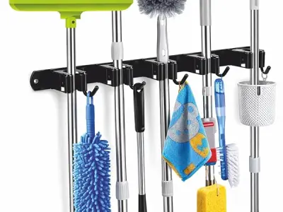 JIALTO Broom Holder and Mop Organizer | Mop Holder For Wall Without Drilling with 5 Slots and 4 Hooks for Kitchen, Garage, Garden, and Utility | Space Saving Cleaning Tool Organize