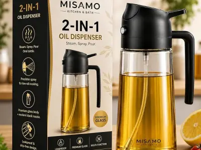 Misamo Enterprise 2-in-1 Oil Dispenser & Sprayer for Kitchen, 500ml, Black | 2-in-1 design delivers a fine mist spray or smooth pour for precise oil control while cooking, grilling